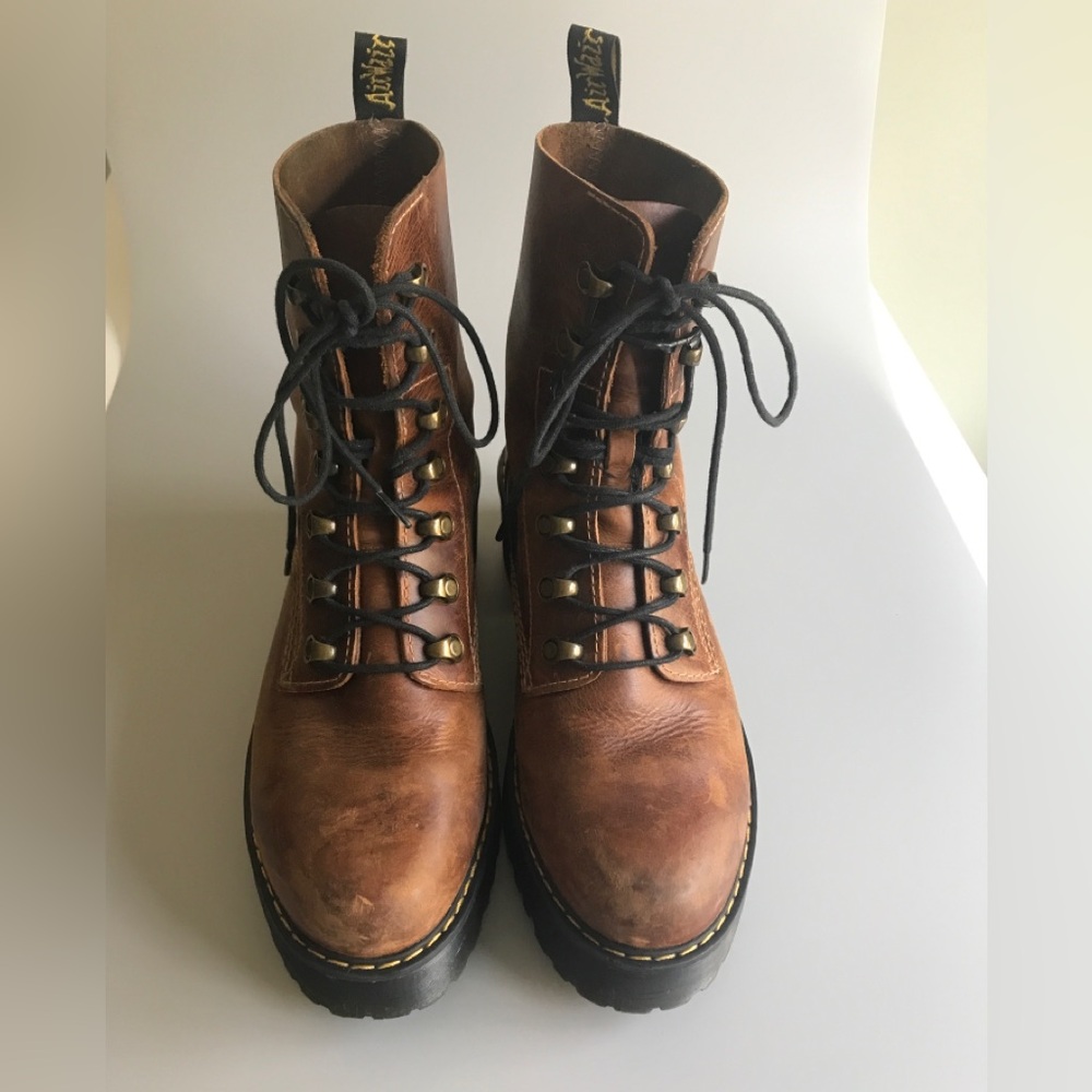 Dr. Martens Leona Brown Leather Heeled Platform Boots Womens Size: US 10